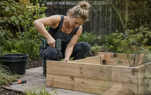 Person montiert ein massives Hochbeet aus unbehandeltem Holz im Garten; Thema Gartenhaus Aufbau, Schwerpunkt Nachhaltigkeit; Praxisalltag.