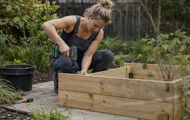 Person montiert ein massives Hochbeet aus unbehandeltem Holz im Garten; Thema Gartenhaus Aufbau, Schwerpunkt Planung; Ausgangslage.