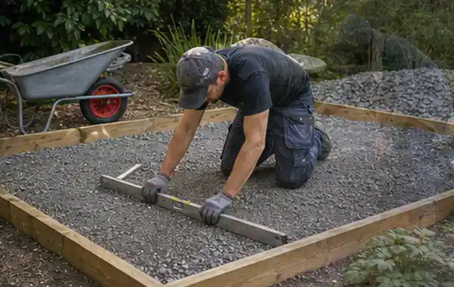 Person richtet eine verdichtete Kiesfläche mit Wasserwaage und Abziehlatte aus; Thema Gartenhaus Aufbau, Schwerpunkt Planung; Praxisalltag.