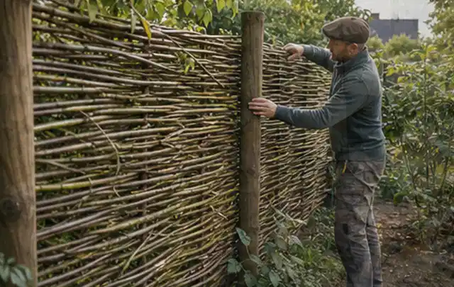 Person befestigt geflochtene Weidenruten an stabilen Holzpfosten im Garten; Thema Gartenhaus aus Holz, Schwerpunkt Aufbau; Kontrolle.