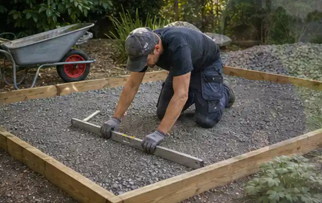 Person richtet eine verdichtete Kiesfläche mit Wasserwaage und Abziehlatte aus; Thema Gartenhaus aus Holz, Schwerpunkt Aufbau; Praxisalltag.