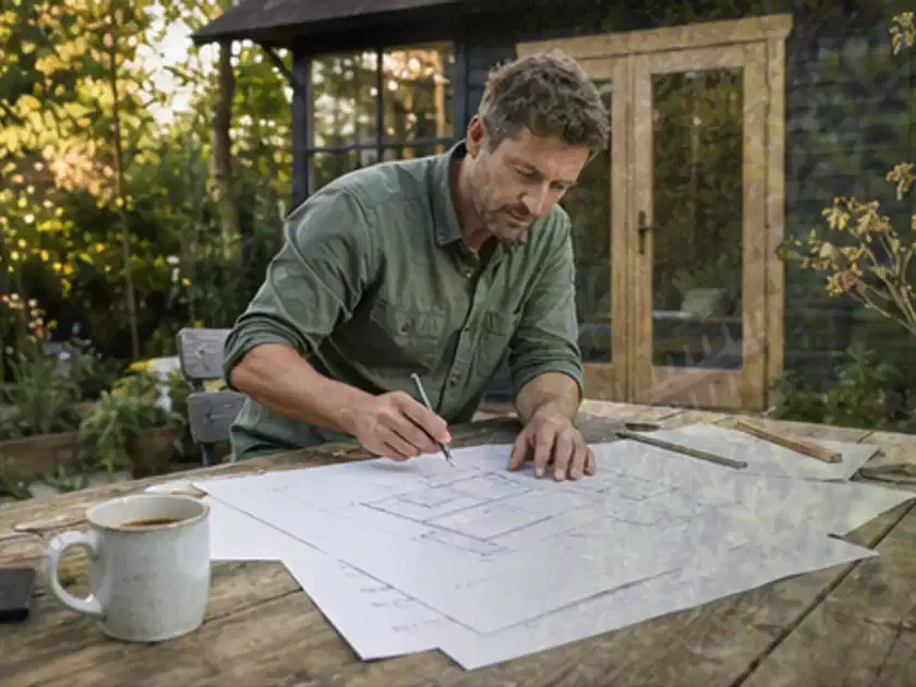Person prüft Bauzeichnungen an einem Gartentisch vor einem kleinen Gartenhaus; Thema Gartenhaus aus Holz, Schwerpunkt Baurecht; Titelbild.