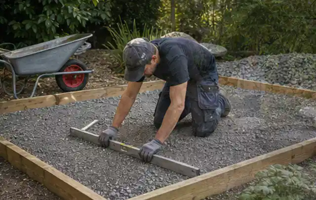 Person richtet eine verdichtete Kiesfläche mit Wasserwaage und Abziehlatte aus; Thema Gartenhaus aus Holz, Schwerpunkt Baurecht; Umsetzung.