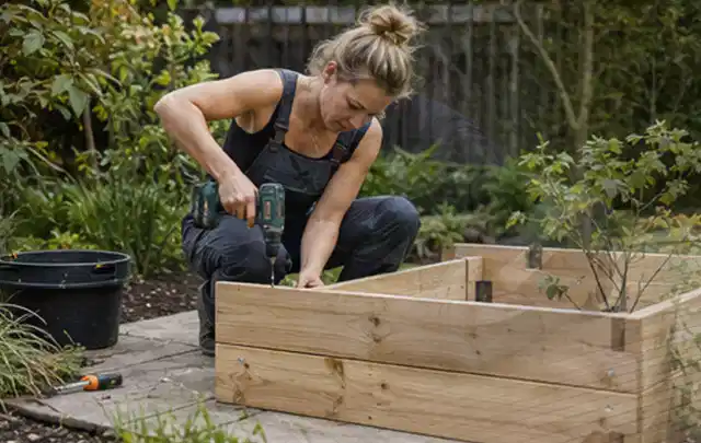 Person montiert ein massives Hochbeet aus unbehandeltem Holz im Garten; Thema Gartenhaus aus Holz, Schwerpunkt Baurecht; Kontrolle.