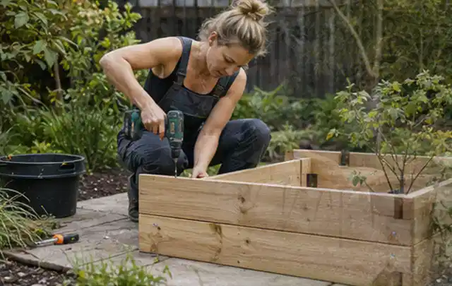 Person montiert ein massives Hochbeet aus unbehandeltem Holz im Garten; Thema Gartenhaus aus Holz, Schwerpunkt Checkliste; Umsetzung.