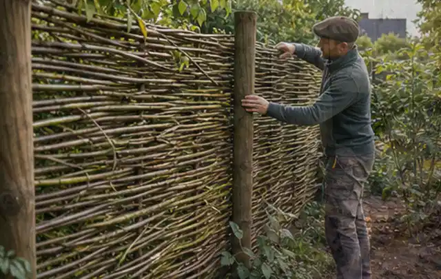 Person befestigt geflochtene Weidenruten an stabilen Holzpfosten im Garten; Thema Gartenhaus aus Holz, Schwerpunkt Checkliste; Ergebnis.
