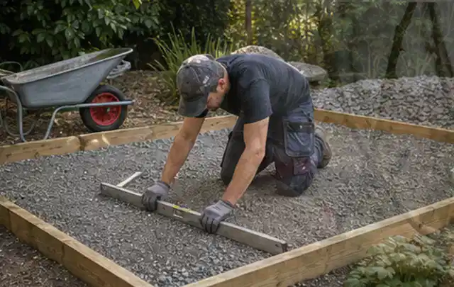 Person richtet eine verdichtete Kiesfläche mit Wasserwaage und Abziehlatte aus; Thema Gartenhaus aus Holz, Schwerpunkt Dimensionierung; Ausgangslage.