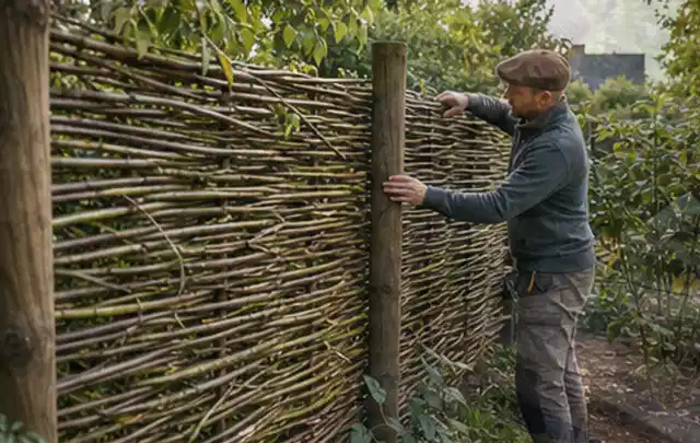 Person befestigt geflochtene Weidenruten an stabilen Holzpfosten im Garten; Thema Gartenhaus aus Holz, Schwerpunkt Dimensionierung; Kontrolle.