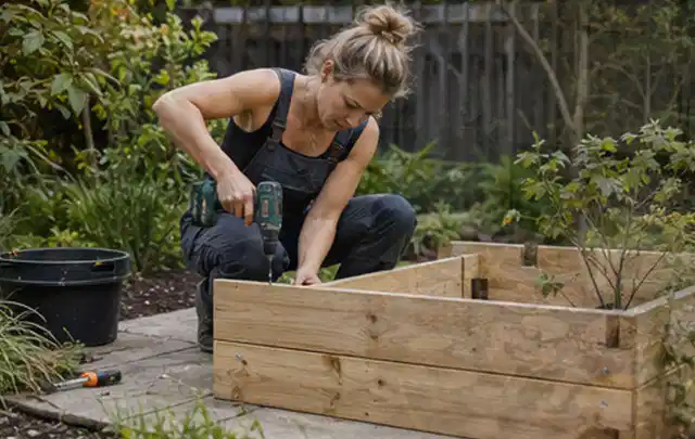 Person montiert ein massives Hochbeet aus unbehandeltem Holz im Garten; Thema Gartenhaus aus Holz, Schwerpunkt Dimensionierung; Ergebnis.