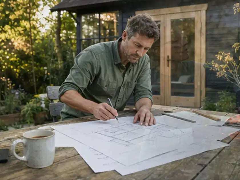Person prüft Bauzeichnungen an einem Gartentisch vor einem kleinen Gartenhaus; Thema Gartenhaus aus Holz, Schwerpunkt DIY; Titelbild.