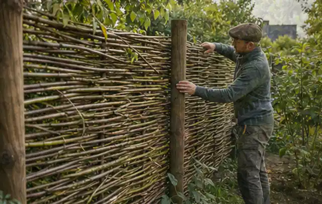 Person befestigt geflochtene Weidenruten an stabilen Holzpfosten im Garten; Thema Gartenhaus aus Holz, Schwerpunkt DIY; Ausgangslage.