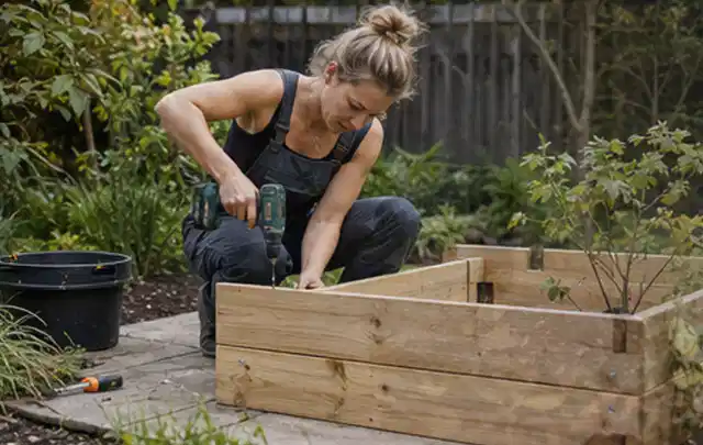 Person montiert ein massives Hochbeet aus unbehandeltem Holz im Garten; Thema Gartenhaus aus Holz, Schwerpunkt DIY; Umsetzung.