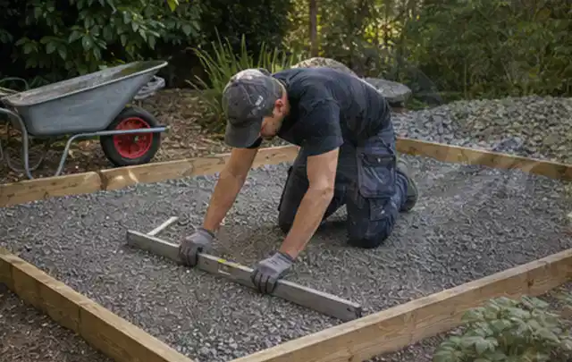 Person richtet eine verdichtete Kiesfläche mit Wasserwaage und Abziehlatte aus; Thema Gartenhaus aus Holz, Schwerpunkt DIY; Kontrolle.