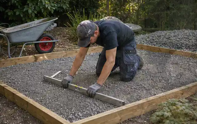 Person richtet eine verdichtete Kiesfläche mit Wasserwaage und Abziehlatte aus; Thema Gartenhaus aus Holz, Schwerpunkt Fehlerhilfe; Umsetzung.