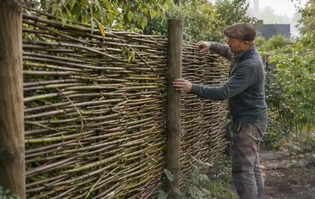 Person befestigt geflochtene Weidenruten an stabilen Holzpfosten im Garten; Thema Gartenhaus aus Holz, Schwerpunkt Fehlerhilfe; Kontrolle.