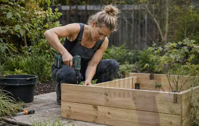 Person montiert ein massives Hochbeet aus unbehandeltem Holz im Garten; Thema Gartenhaus aus Holz, Schwerpunkt Fehlerhilfe; Praxisalltag.