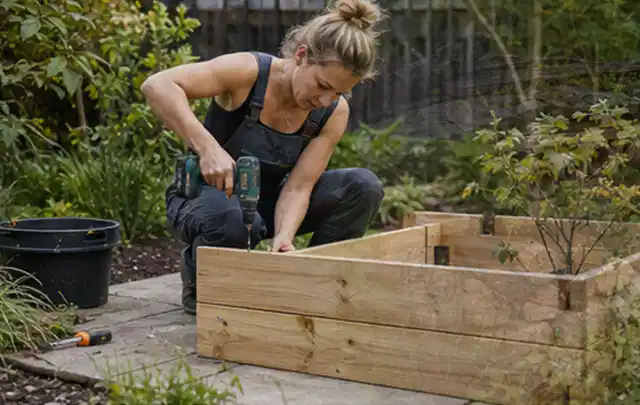 Person montiert ein massives Hochbeet aus unbehandeltem Holz im Garten; Thema Gartenhaus aus Holz, Schwerpunkt Fundament; Ausgangslage.