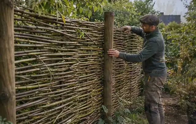 Person befestigt geflochtene Weidenruten an stabilen Holzpfosten im Garten; Thema Gartenhaus aus Holz, Schwerpunkt Fundament; Kontrolle.