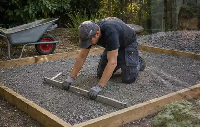 Person richtet eine verdichtete Kiesfläche mit Wasserwaage und Abziehlatte aus; Thema Gartenhaus aus Holz, Schwerpunkt Fundament; Ergebnis.