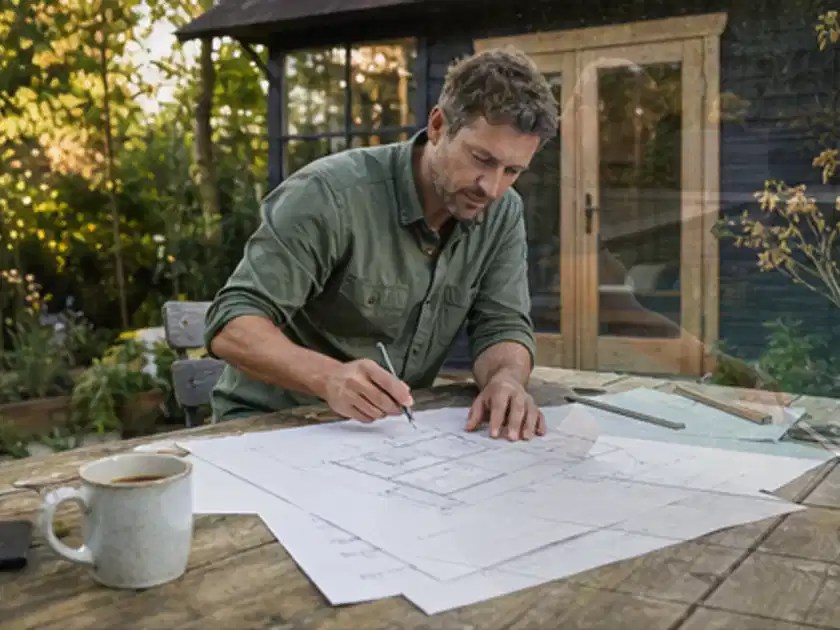 Person prüft Bauzeichnungen an einem Gartentisch vor einem kleinen Gartenhaus; Thema Gartenhaus aus Holz, Schwerpunkt Gärten mit kleiner Fläche; Titelbild.