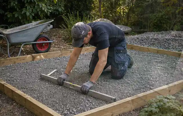 Person richtet eine verdichtete Kiesfläche mit Wasserwaage und Abziehlatte aus; Thema Gartenhaus aus Holz, Schwerpunkt Gärten mit kleiner Fläche;…