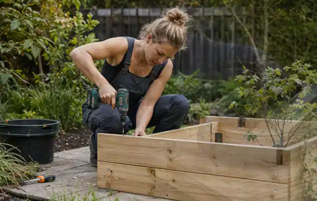 Person montiert ein massives Hochbeet aus unbehandeltem Holz im Garten; Thema Gartenhaus aus Holz, Schwerpunkt Gärten mit kleiner Fläche; Kontrolle.