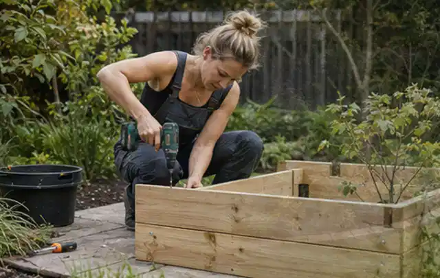 Person montiert ein massives Hochbeet aus unbehandeltem Holz im Garten; Thema Gartenhaus aus Holz, Schwerpunkt Gartenhäuser; Umsetzung.