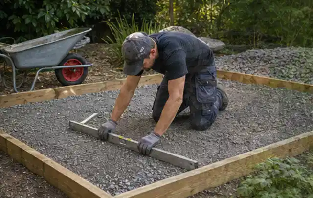 Person richtet eine verdichtete Kiesfläche mit Wasserwaage und Abziehlatte aus; Thema Gartenhaus aus Holz, Schwerpunkt Gartenhäuser; Kontrolle.