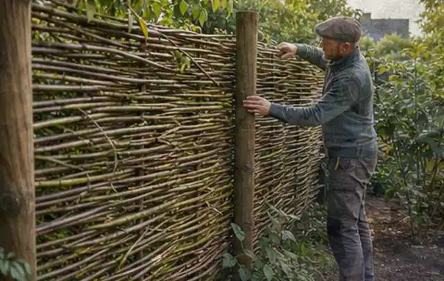 Person befestigt geflochtene Weidenruten an stabilen Holzpfosten im Garten; Thema Gartenhaus aus Holz, Schwerpunkt Gartenhäuser; Ergebnis.