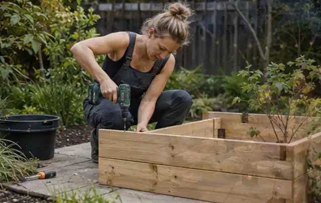 Person montiert ein massives Hochbeet aus unbehandeltem Holz im Garten; Thema Gartenhaus aus Holz, Schwerpunkt Gestaltung; Kontrolle.