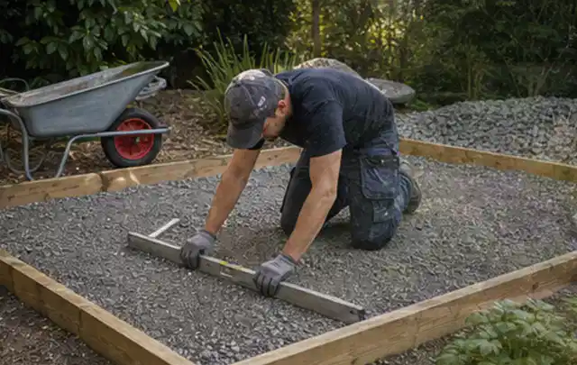 Person richtet eine verdichtete Kiesfläche mit Wasserwaage und Abziehlatte aus; Thema Gartenhaus aus Holz, Schwerpunkt Kosten; Umsetzung.