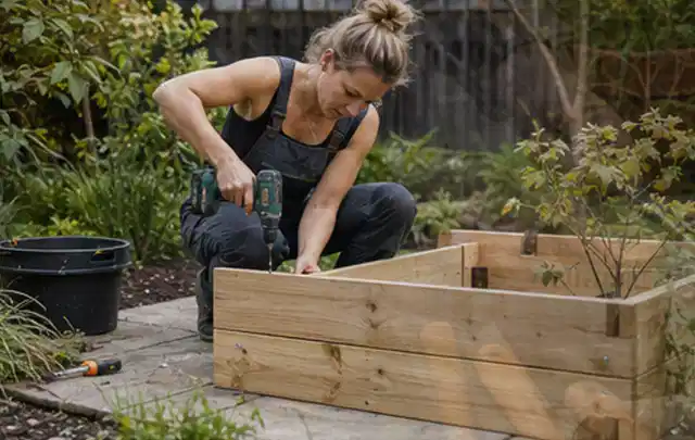 Person montiert ein massives Hochbeet aus unbehandeltem Holz im Garten; Thema Gartenhaus aus Holz, Schwerpunkt Kosten; Ergebnis.