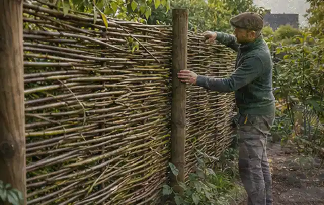 Person befestigt geflochtene Weidenruten an stabilen Holzpfosten im Garten; Thema Gartenhaus aus Holz, Schwerpunkt Kosten; Praxisalltag.
