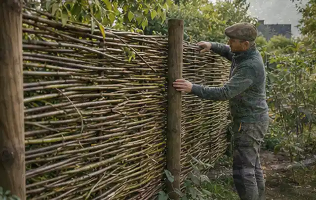 Person befestigt geflochtene Weidenruten an stabilen Holzpfosten im Garten; Thema Gartenhaus aus Holz, Schwerpunkt Materialwahl; Ausgangslage.