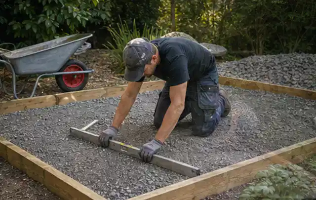Person richtet eine verdichtete Kiesfläche mit Wasserwaage und Abziehlatte aus; Thema Gartenhaus aus Holz, Schwerpunkt Materialwahl; Umsetzung.