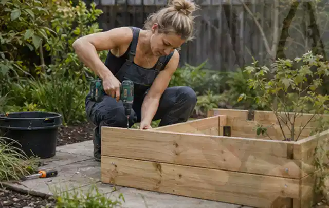 Person montiert ein massives Hochbeet aus unbehandeltem Holz im Garten; Thema Gartenhaus aus Holz, Schwerpunkt Materialwahl; Ergebnis.