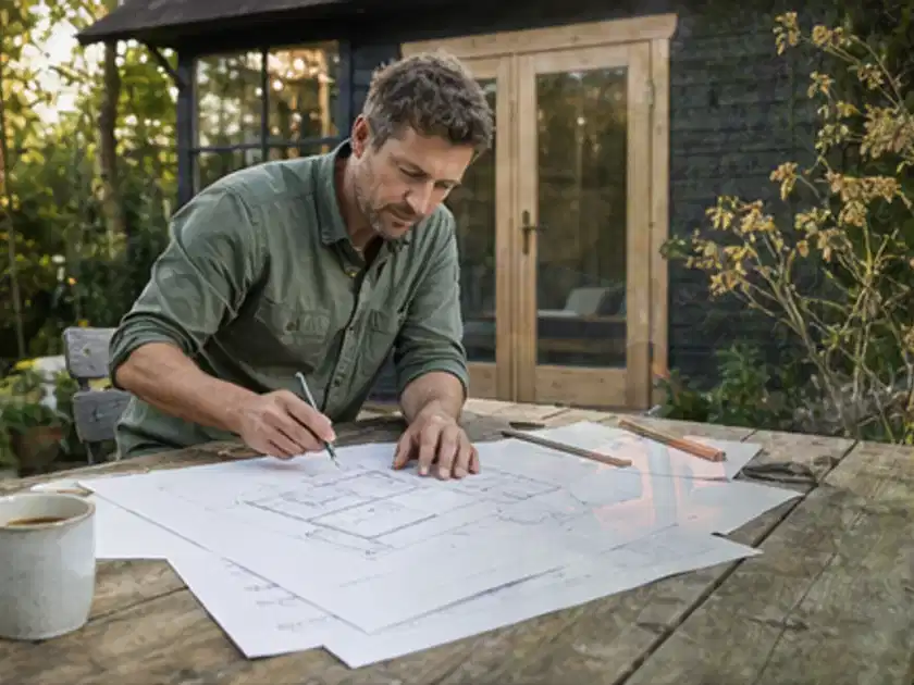 Person prüft Bauzeichnungen an einem Gartentisch vor einem kleinen Gartenhaus; Thema Gartenhaus aus Holz, Schwerpunkt Nachhaltigkeit; Titelbild.