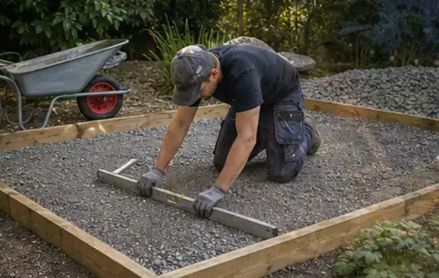 Person richtet eine verdichtete Kiesfläche mit Wasserwaage und Abziehlatte aus; Thema Gartenhaus aus Holz, Schwerpunkt Nachhaltigkeit; Umsetzung.