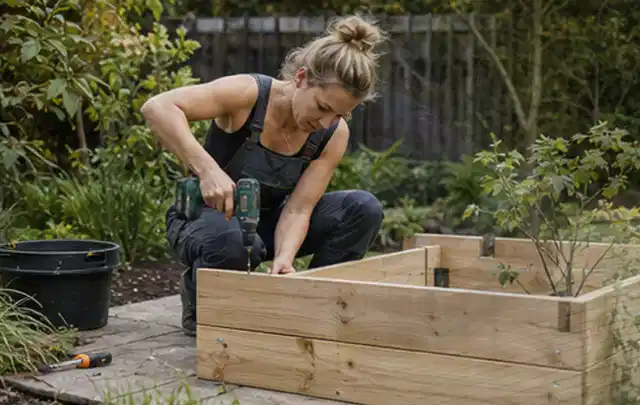 Person montiert ein massives Hochbeet aus unbehandeltem Holz im Garten; Thema Gartenhaus aus Holz, Schwerpunkt Nachhaltigkeit; Kontrolle.