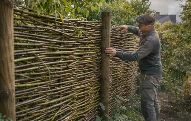 Person befestigt geflochtene Weidenruten an stabilen Holzpfosten im Garten; Thema Gartenhaus aus Holz, Schwerpunkt Nachhaltigkeit; Ergebnis.