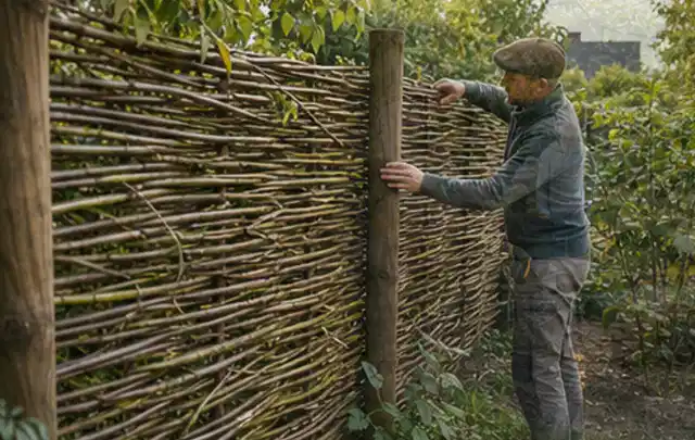 Person befestigt geflochtene Weidenruten an stabilen Holzpfosten im Garten; Thema Gartenhaus aus Holz, Schwerpunkt Pflege; Umsetzung.