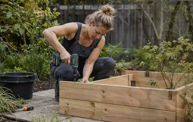 Person montiert ein massives Hochbeet aus unbehandeltem Holz im Garten; Thema Gartenhaus aus Holz, Schwerpunkt Pflege; Kontrolle.