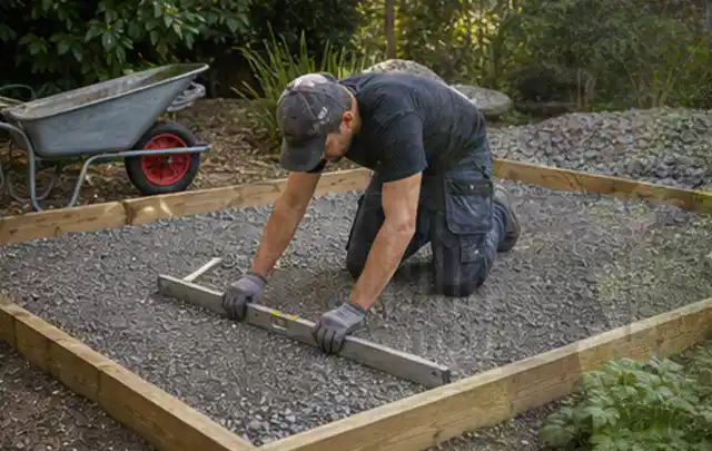 Person richtet eine verdichtete Kiesfläche mit Wasserwaage und Abziehlatte aus; Thema Gartenhaus aus Holz, Schwerpunkt Pflege; Ergebnis.