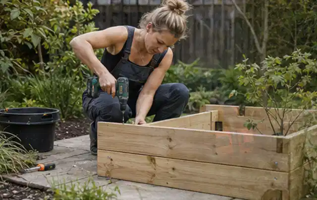Person montiert ein massives Hochbeet aus unbehandeltem Holz im Garten; Thema Gartenhaus aus Holz, Schwerpunkt Planung; Kontrolle.