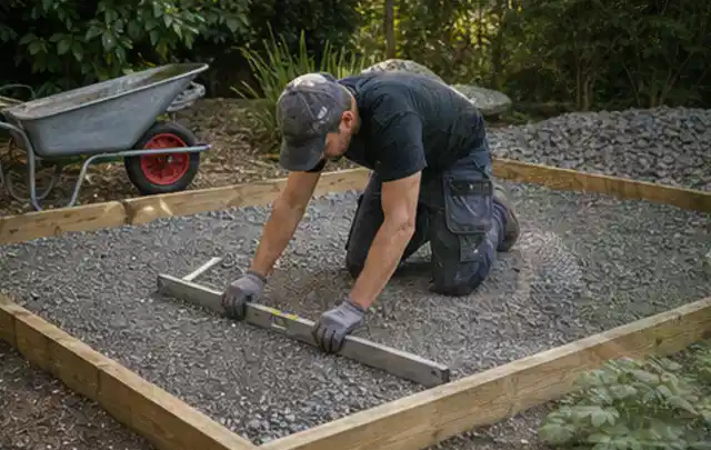 Person richtet eine verdichtete Kiesfläche mit Wasserwaage und Abziehlatte aus; Thema Gartenhaus aus Holz, Schwerpunkt Planung; Ergebnis.
