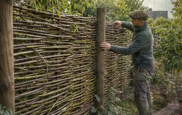 Person befestigt geflochtene Weidenruten an stabilen Holzpfosten im Garten; Thema Gartenhaus aus Holz, Schwerpunkt Standort; Ausgangslage.