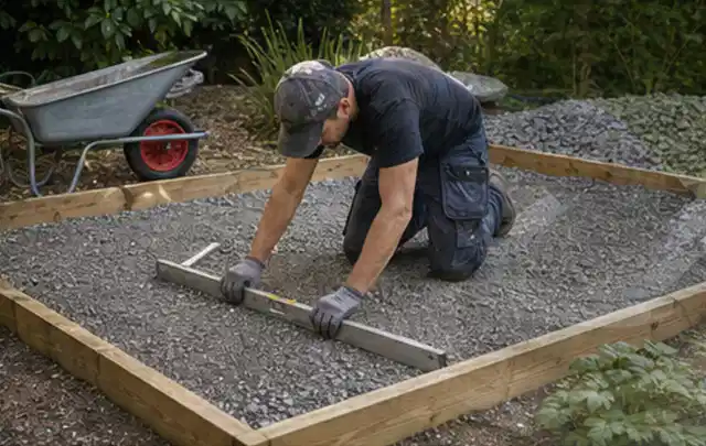 Person richtet eine verdichtete Kiesfläche mit Wasserwaage und Abziehlatte aus; Thema Gartenhaus aus Holz, Schwerpunkt Standort; Umsetzung.