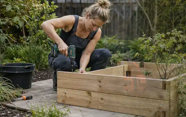 Person montiert ein massives Hochbeet aus unbehandeltem Holz im Garten; Thema Gartenhaus aus Holz, Schwerpunkt Standort; Praxisalltag.