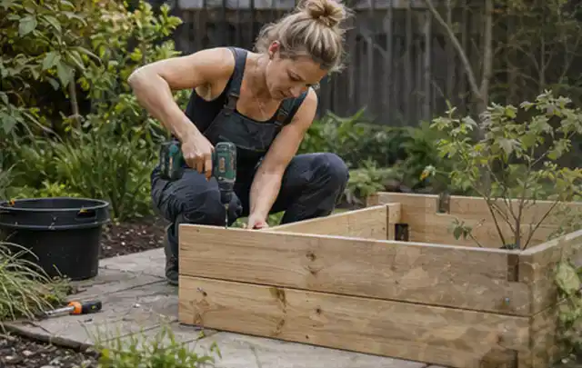 Person montiert ein massives Hochbeet aus unbehandeltem Holz im Garten; Thema Gartenhaus aus Holz, Schwerpunkt Winterschutz; Ausgangslage.