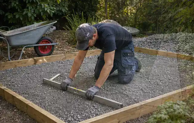 Person richtet eine verdichtete Kiesfläche mit Wasserwaage und Abziehlatte aus; Thema Gartenhaus aus Holz, Schwerpunkt Winterschutz; Umsetzung.